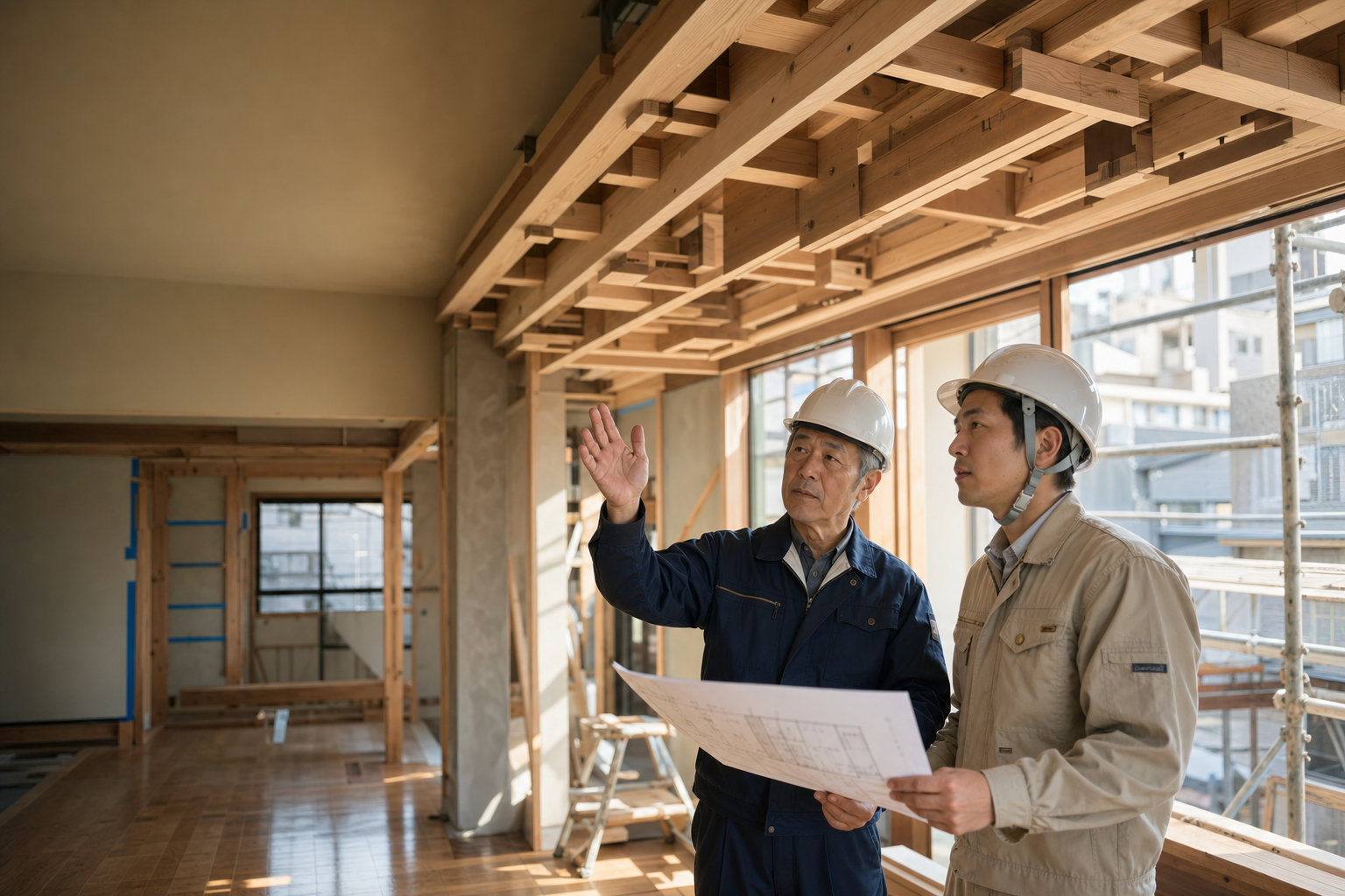 住まいの現場で図面を確認する職人